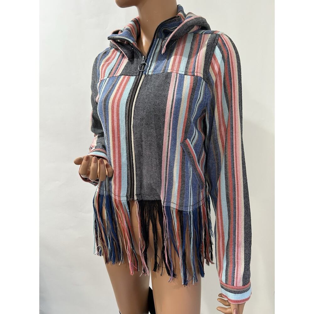 guess light jacket Multi Striped Size Small With Fringe Zip Up Closing